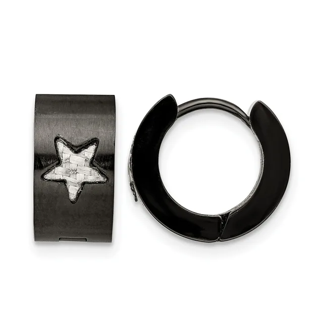 A pair of black metal hoop earrings, one featuring a star design and the other plain, displayed against a white background.