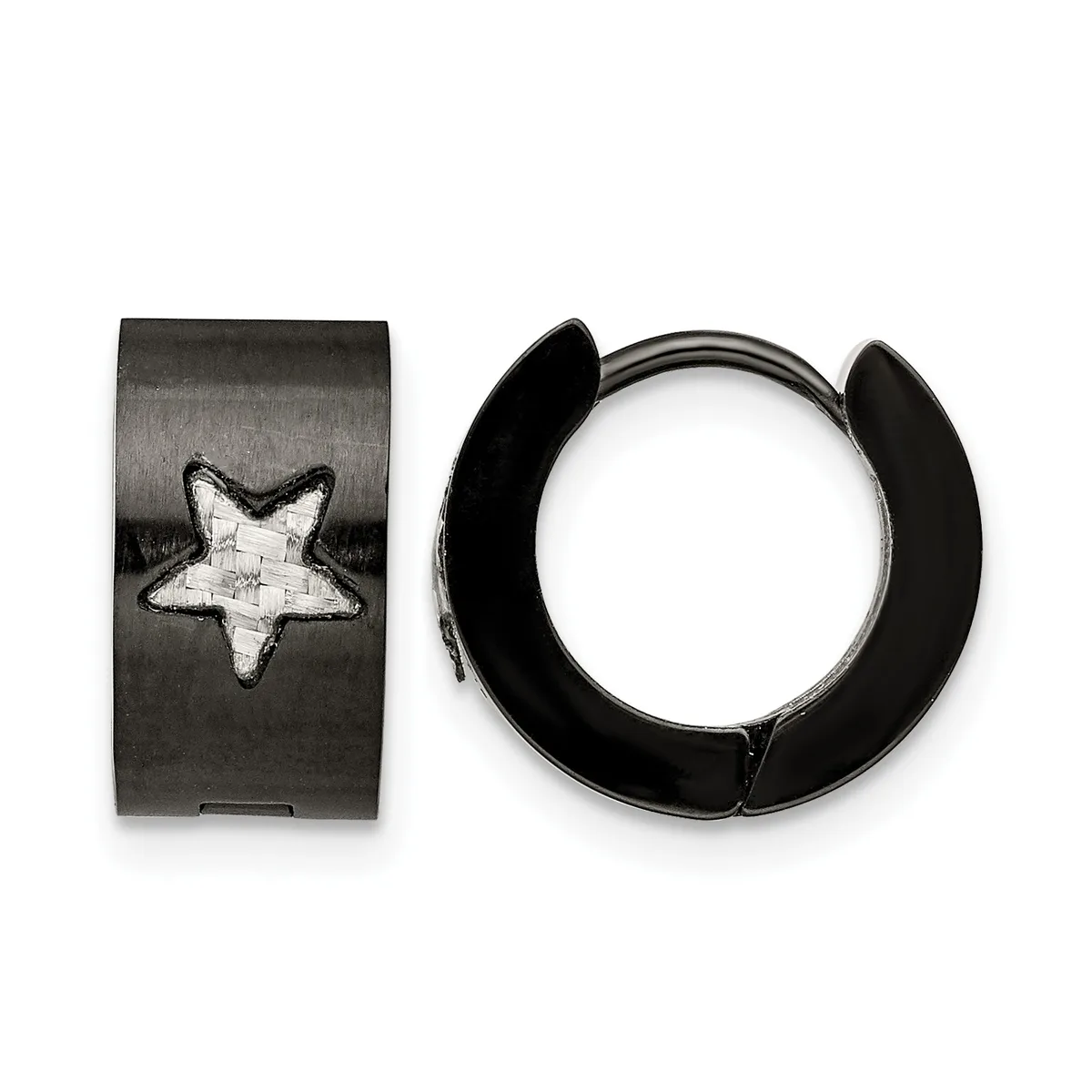 A pair of black metal hoop earrings, one featuring a star design and the other plain, displayed against a white background.