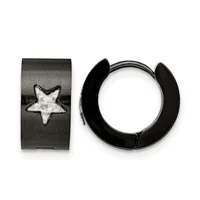 A pair of black metal hoop earrings, one featuring a star design and the other plain, displayed against a white background.