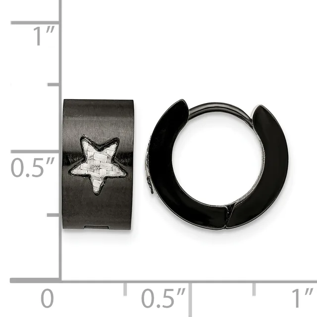 Black stainless steel huggie hoop earrings with a star design, shown next to a measurement scale indicating approximately half an inch in diameter.