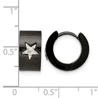 Black stainless steel huggie hoop earrings with a star design, shown next to a measurement scale indicating approximately half an inch in diameter.