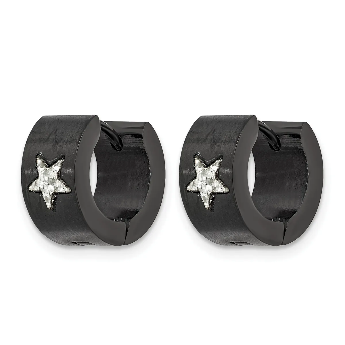 A pair of black huggie hoop earrings with white star designs on the outer surface, shown from the front.