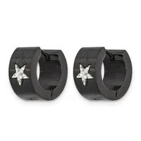 A pair of black huggie hoop earrings with white star designs on the outer surface, shown from the front.