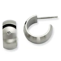 Pair of stainless steel hoop earrings with a brushed finish, black enamel stripe, and small diamond accent, shown from front and side views.