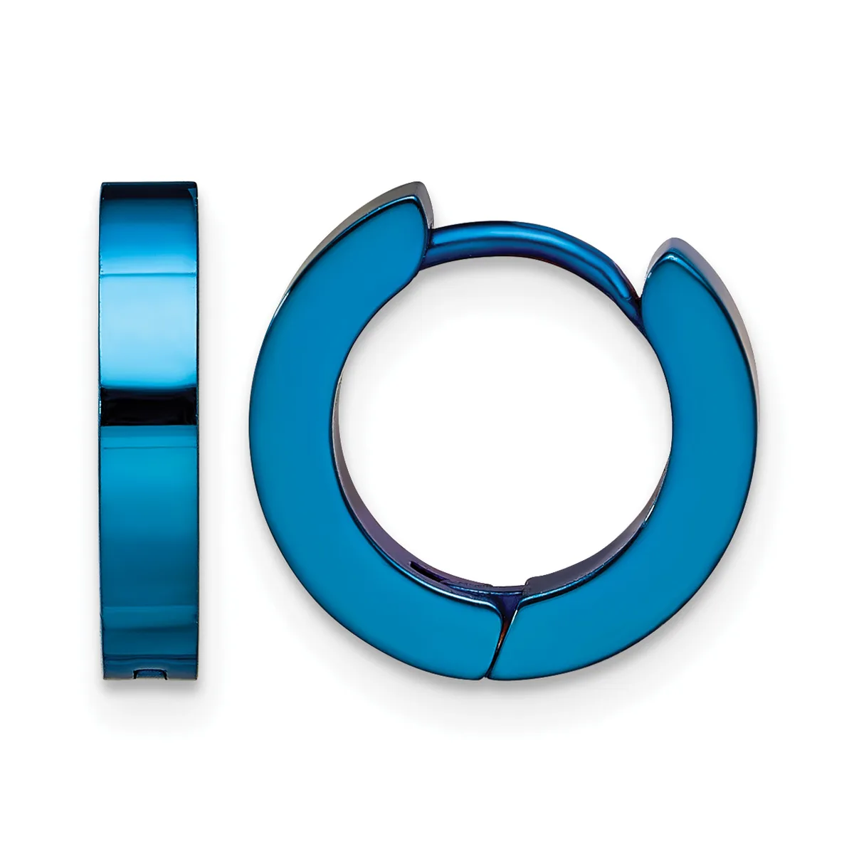 A pair of blue metallic hoop earrings shown from front and side views, featuring a polished finish and hinged closure.