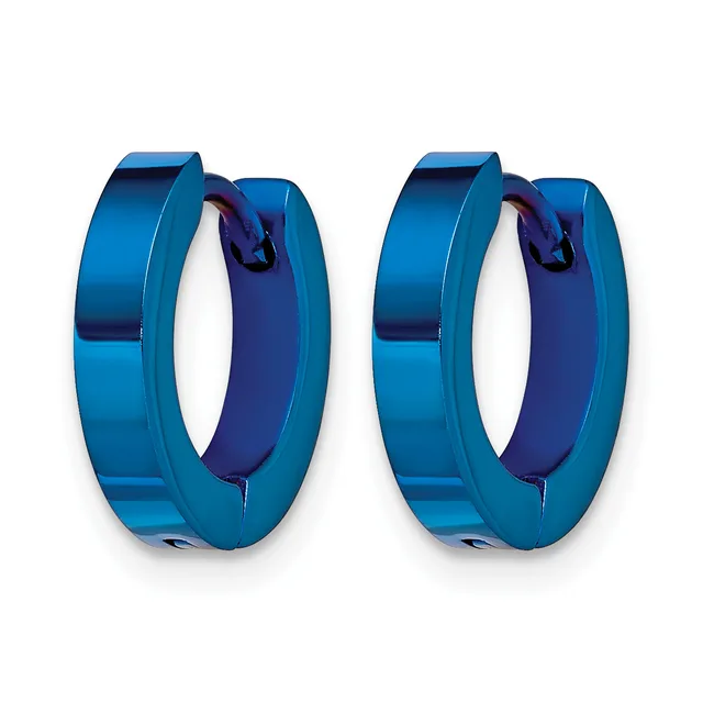 A pair of polished blue metallic hoop earrings with dark blue inner surfaces and hinged closures, displayed against a white background.