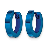 A pair of polished blue metallic hoop earrings with dark blue inner surfaces and hinged closures, displayed against a white background.