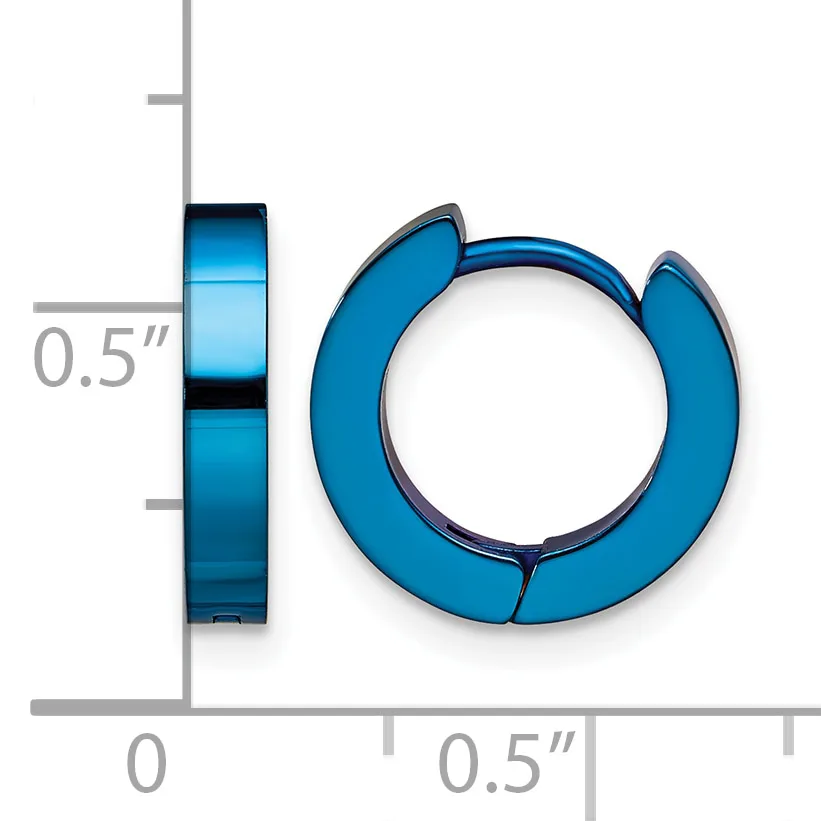 A pair of blue hoop earrings with a chunky, segmented design, shown at actual size with measurement scale indicating approximately 0.5 inches in diameter.
