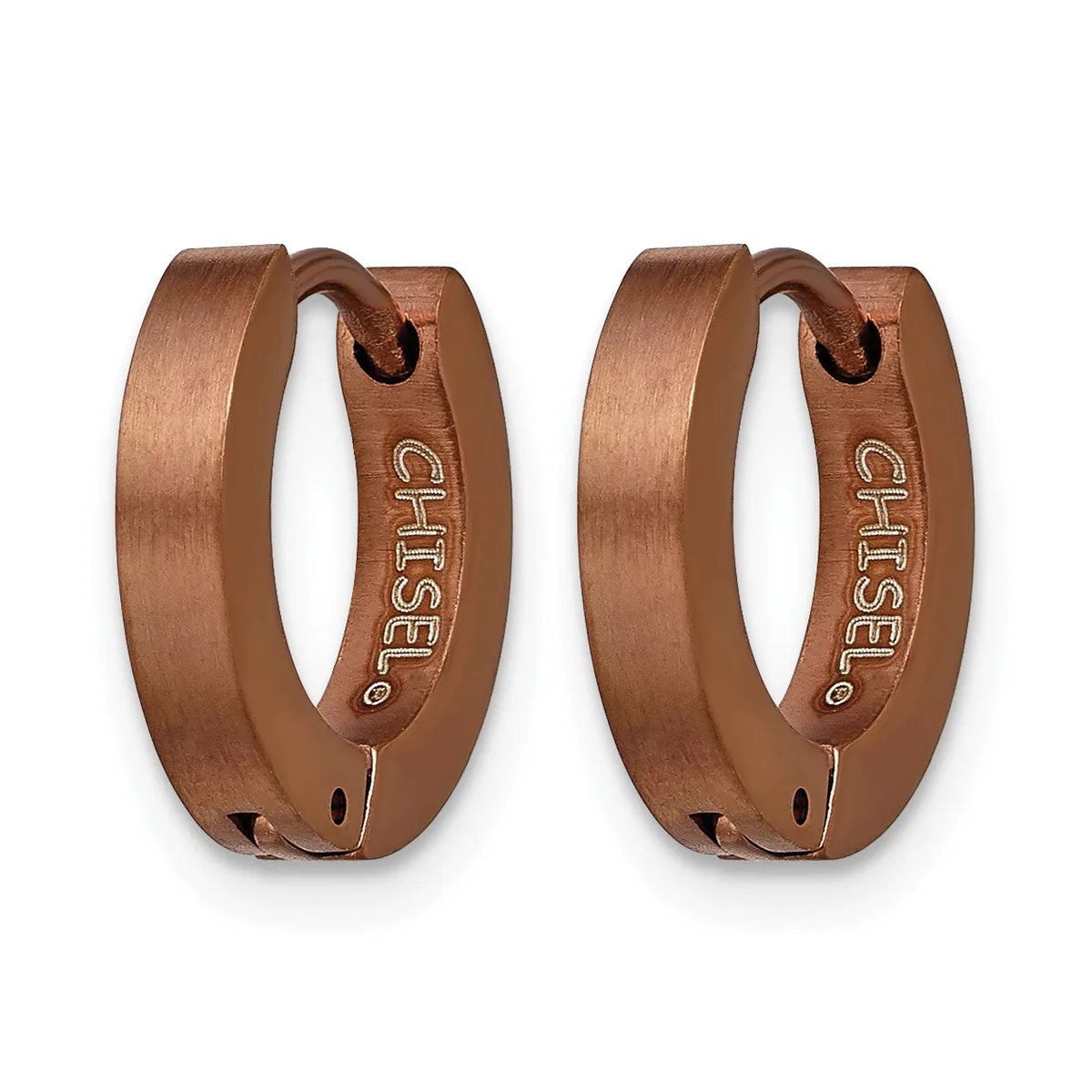 A pair of brushed copper-colored hoop earrings with a polished finish and small hallmarks stamped on the inner surface.