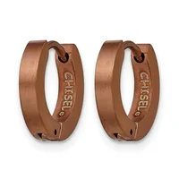 A pair of brushed copper-colored hoop earrings with a polished finish and small hallmarks stamped on the inner surface.