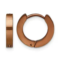 Pair of rose gold-toned hoop earrings shown from front and side views, featuring a chunky polished finish with a hinged clasp closure.