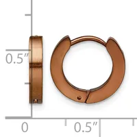Pair of small rose gold-toned hoop earrings with a polished finish, shown from front and side views against a measurement scale.