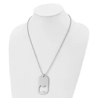 Silver-toned stainless steel dog tag necklace with rounded rectangular pendant featuring a cutout design, displayed on a white mannequin bust.