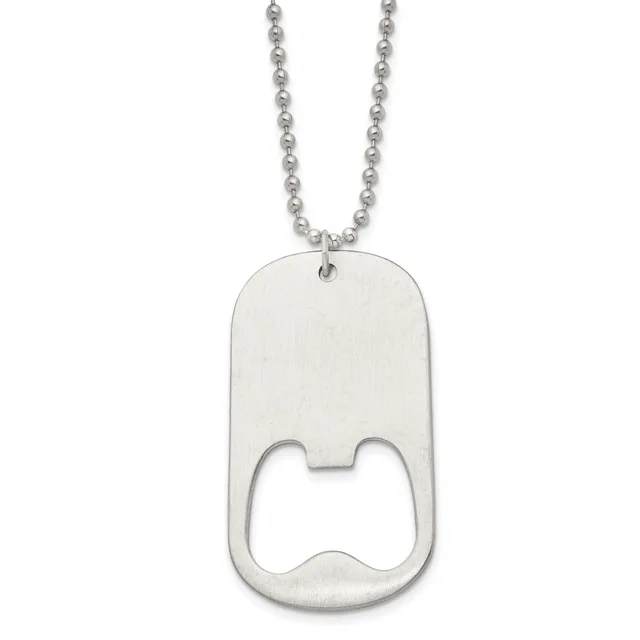 Silver dog tag pendant with a bottle opener cutout, hanging from a ball chain.