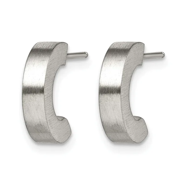 A pair of brushed silver curved hoop earrings with post backs, shown from the front against a white background.