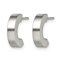 A pair of brushed silver curved hoop earrings with post backs, shown from the front against a white background.