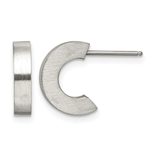 A pair of brushed silver-toned metal earrings consisting of a flat rectangular post and a curved crescent-shaped hoop, displayed against a white background.