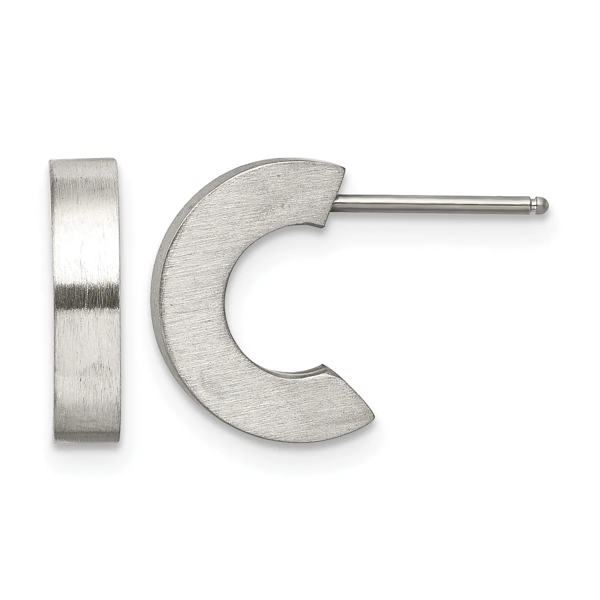 A pair of brushed silver-toned metal earrings consisting of a flat rectangular post and a curved crescent-shaped hoop, displayed against a white background.