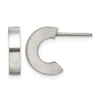 A pair of brushed silver-toned metal earrings consisting of a flat rectangular post and a curved crescent-shaped hoop, displayed against a white background.