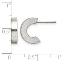 A pair of silver-toned curved crescent earrings with posts and backs, displayed next to a ruler showing measurements of approximately 0.5 inches wide and 1 inch tall.