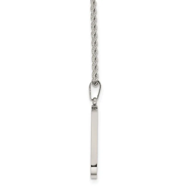 A silver rope chain necklace with a rectangular bar pendant hanging from a small carabiner-style clasp.