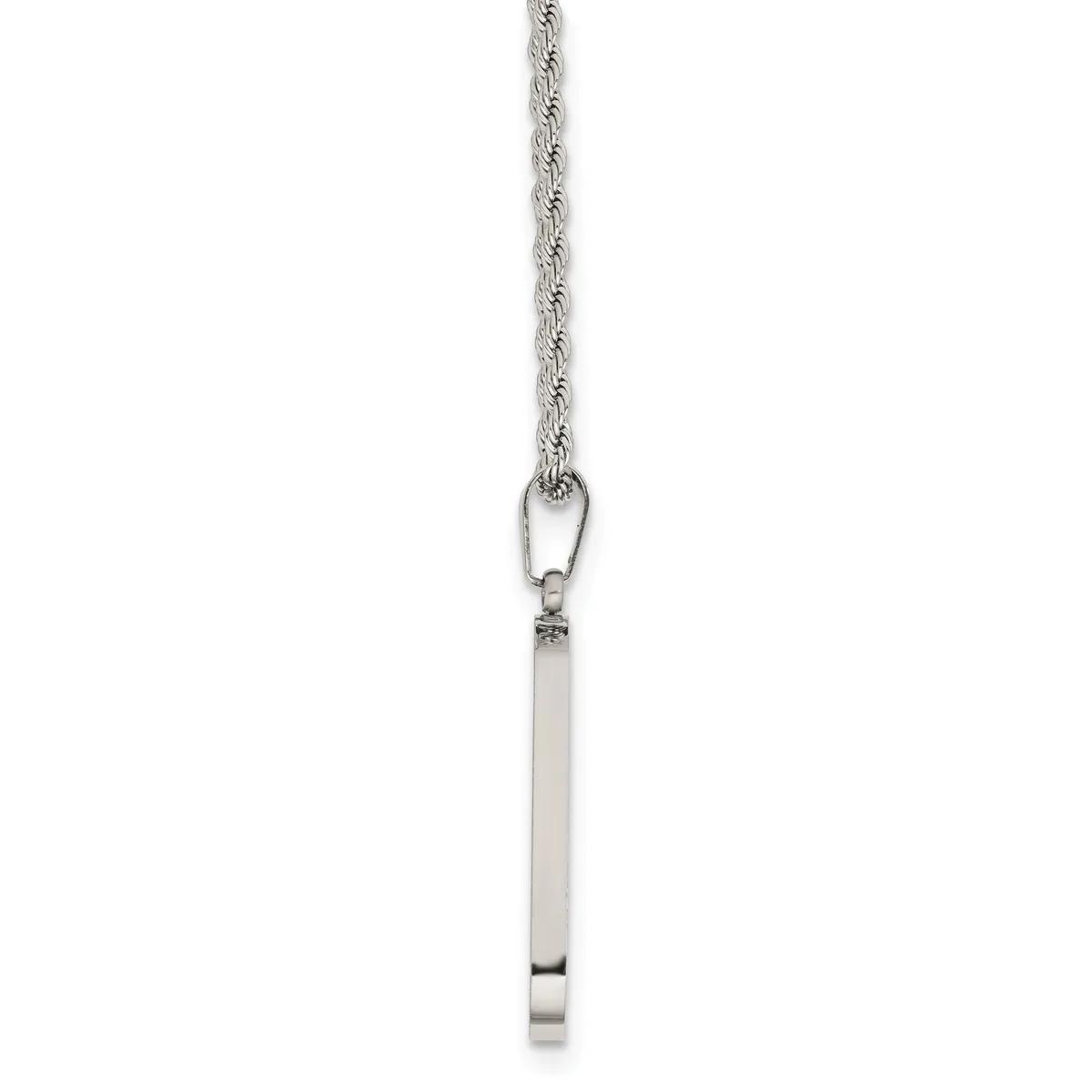 A silver rope chain necklace with a rectangular bar pendant hanging from a small carabiner-style clasp.