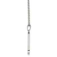A silver rope chain necklace with a rectangular bar pendant hanging from a small carabiner-style clasp.