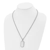 A silver-toned metal necklace with a thin chain and a rectangular dog tag pendant displayed on a white mannequin bust.