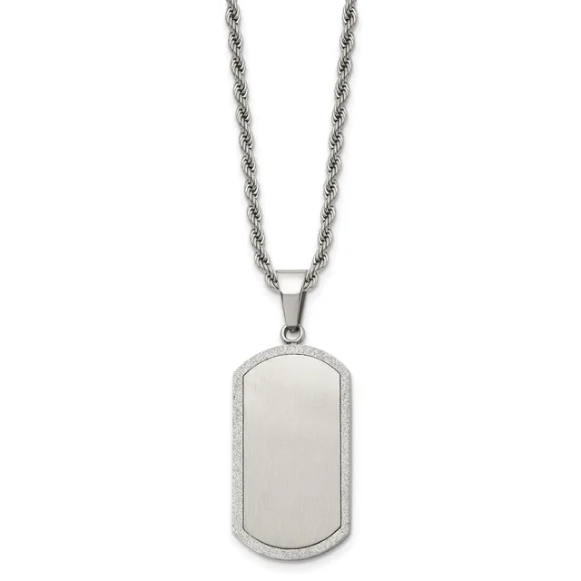 Stainless steel dog tag pendant with a brushed finish and textured border on a twisted rope chain.
