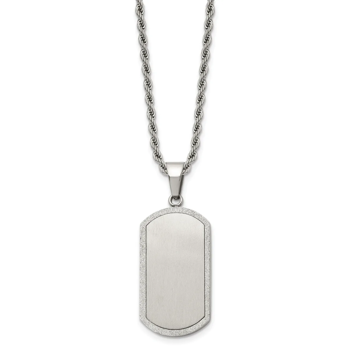 Stainless steel dog tag pendant with a brushed finish and textured border on a twisted rope chain.