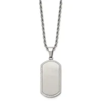 Stainless steel dog tag pendant with a brushed finish and textured border on a twisted rope chain.