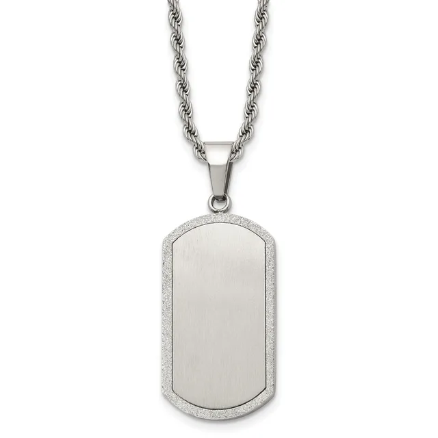 A stainless steel dog tag pendant with a brushed center and textured border hanging from a twisted rope chain.