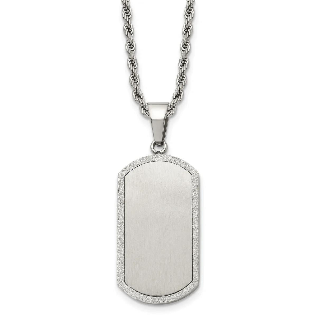 A stainless steel dog tag pendant with a brushed center and textured border hanging from a twisted rope chain.