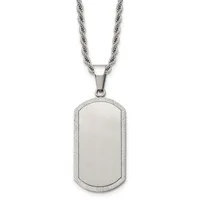 A stainless steel dog tag pendant with a brushed center and textured border hanging from a twisted rope chain.