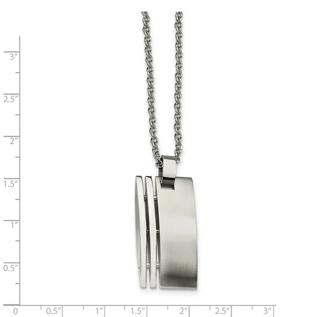 Stainless steel pendant necklace with a rectangular brushed finish main plate and three polished vertical accent bars, suspended from a chain, shown against a measurement scale.