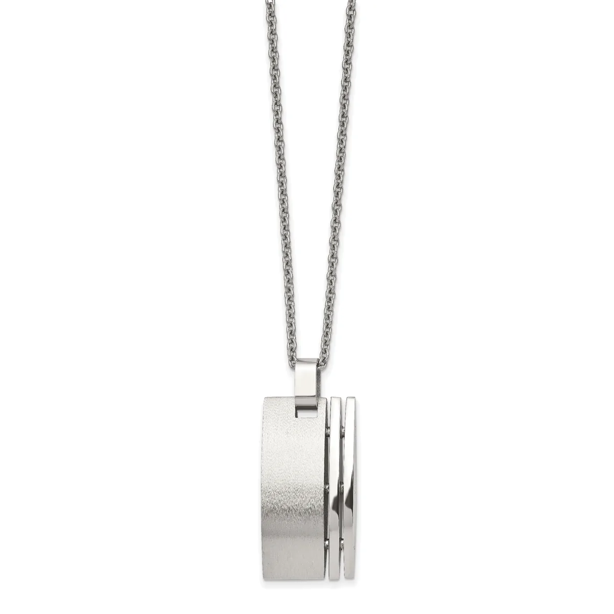 Silver cylindrical pendant with grooved detailing suspended from a delicate chain.