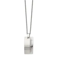 Silver cylindrical pendant with grooved detailing suspended from a delicate chain.