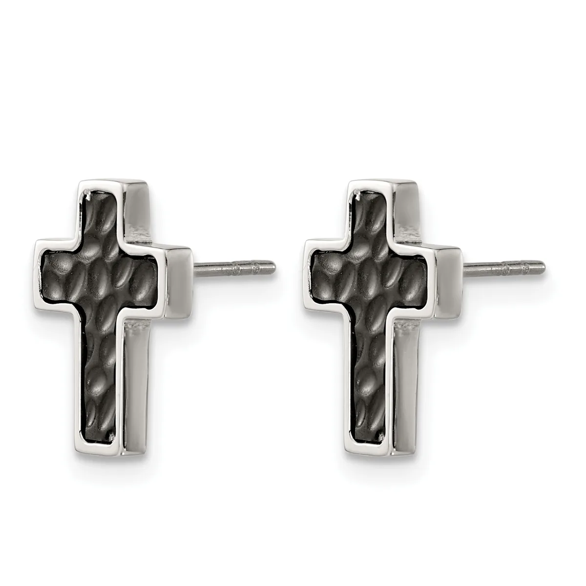 A pair of stud earrings featuring oxidized silver crosses with textured surfaces, displayed against a white background.