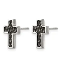 A pair of stud earrings featuring oxidized silver crosses with textured surfaces, displayed against a white background.