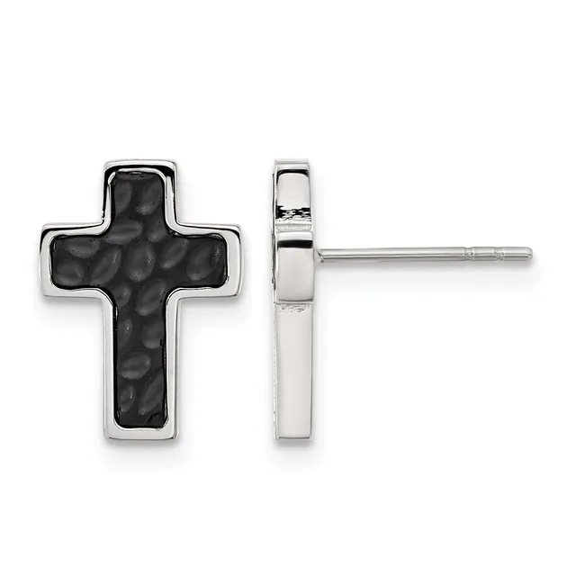 Pair of silver cross stud earrings with black textured centers, shown from front and side views.