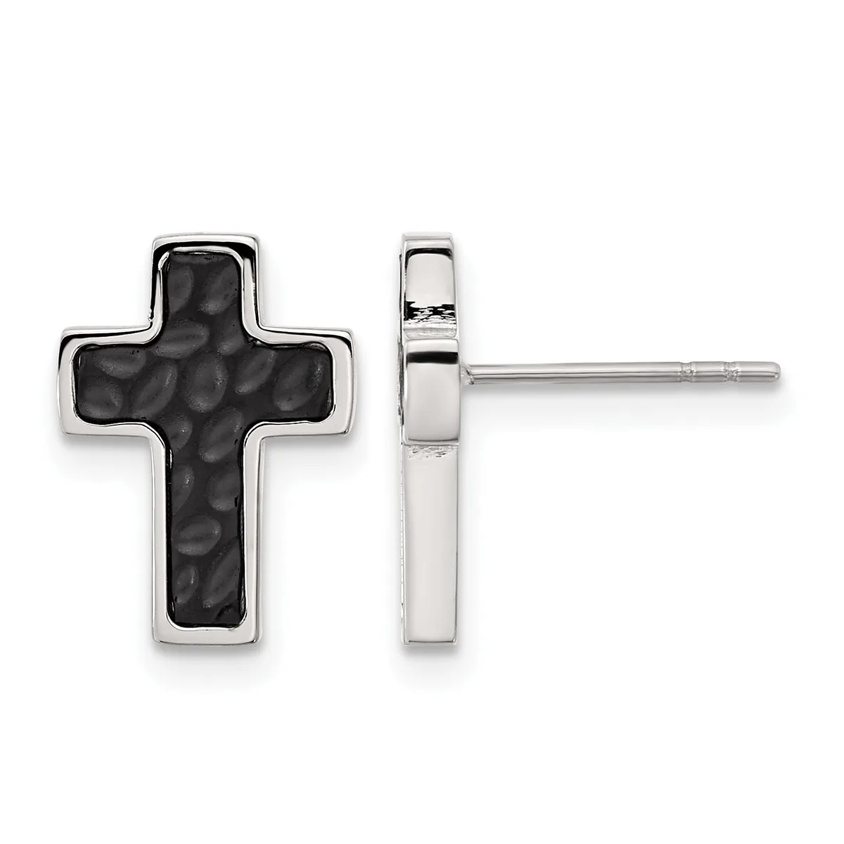 Pair of silver cross stud earrings with black textured centers, shown from front and side views.