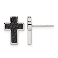 Pair of silver cross stud earrings with black textured centers, shown from front and side views.