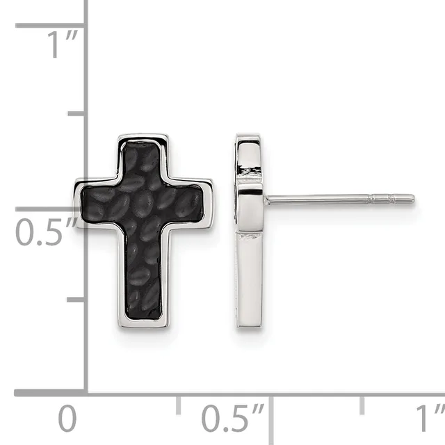 A pair of stud earrings featuring crosses with black textured centers and polished silver frames, shown from front and side views against a measurement scale.