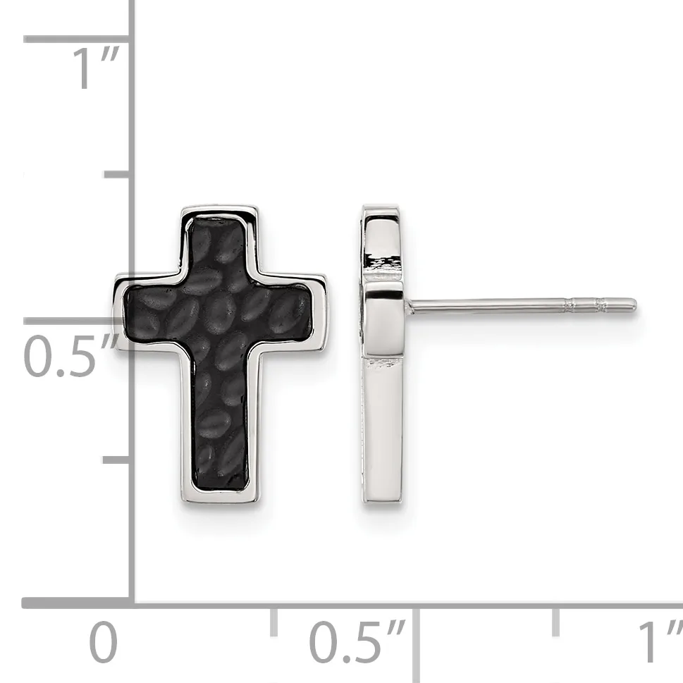 A pair of stud earrings featuring crosses with black textured centers and polished silver frames, shown from front and side views against a measurement scale.