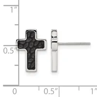 A pair of stud earrings featuring crosses with black textured centers and polished silver frames, shown from front and side views against a measurement scale.