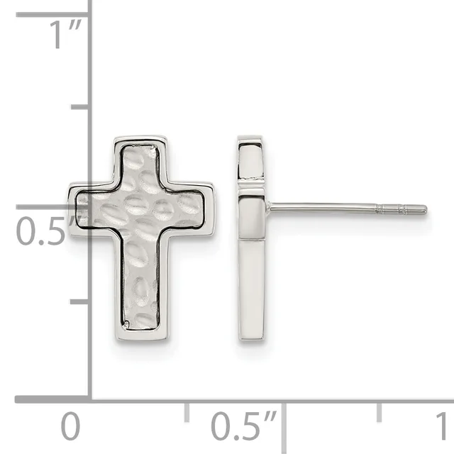 Silver cross stud earrings with hammered texture, shown from front and side views with a measurement scale indicating approximately half an inch in height.
