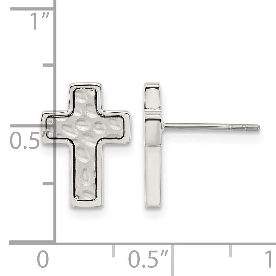 Silver cross stud earrings with hammered texture, shown from front and side views with a measurement scale indicating approximately half an inch in height.
