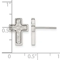 Silver cross stud earrings with hammered texture, shown from front and side views with a measurement scale indicating approximately half an inch in height.