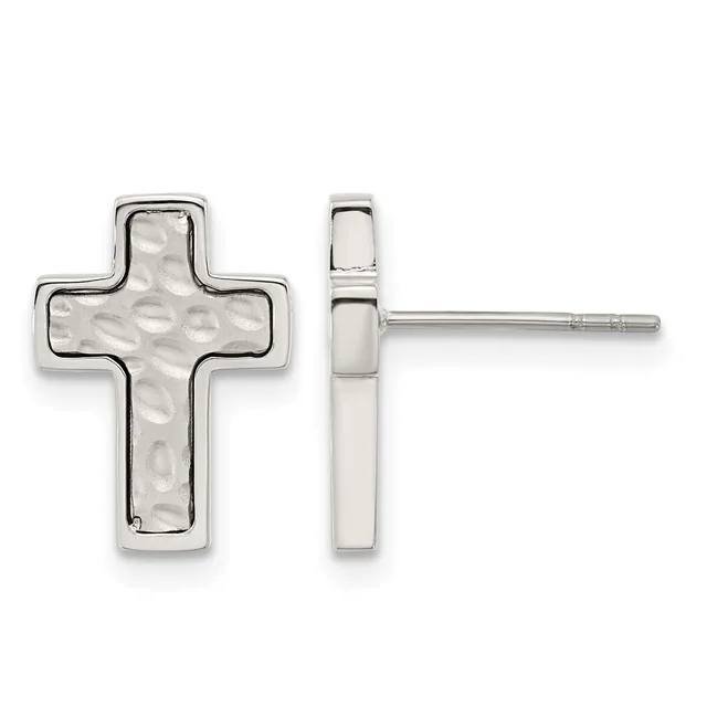 Pair of silver cross stud earrings shown from front and side view, featuring a textured hammered surface and a small post with backing.