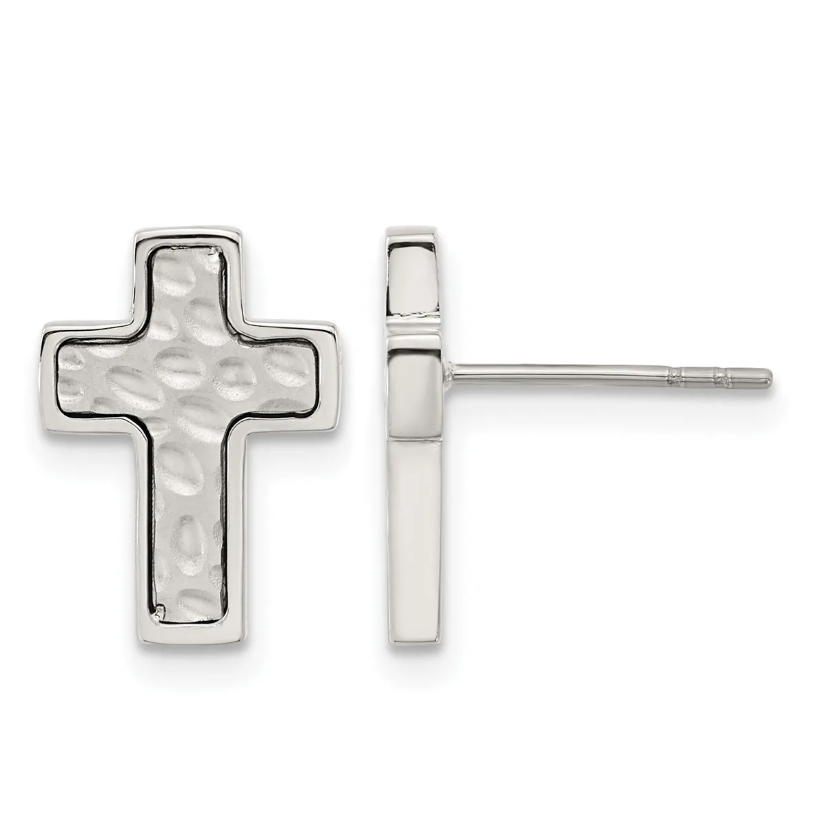 Pair of silver cross stud earrings shown from front and side view, featuring a textured hammered surface and a small post with backing.